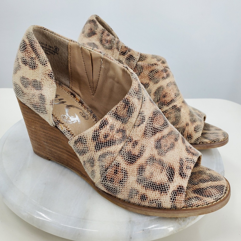 Very G Leopard Print Wedge Sandals Tan Animal Open Toe Booties Western Boho